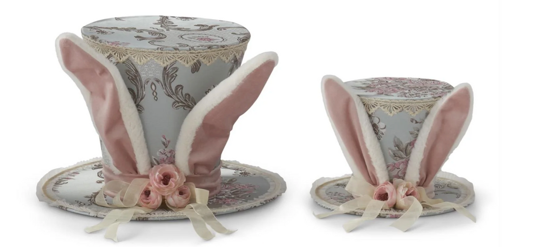 9.5 Inch Blue Floral Top Hat w/Bunny Ears