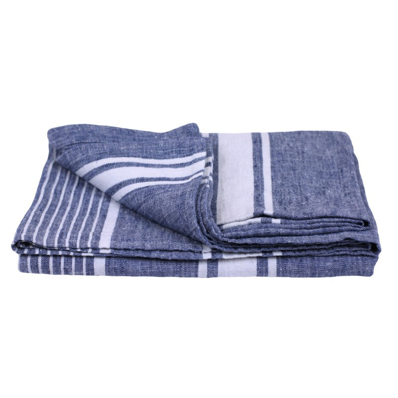 Linen Towel Navy Witg White Boarder Stripe