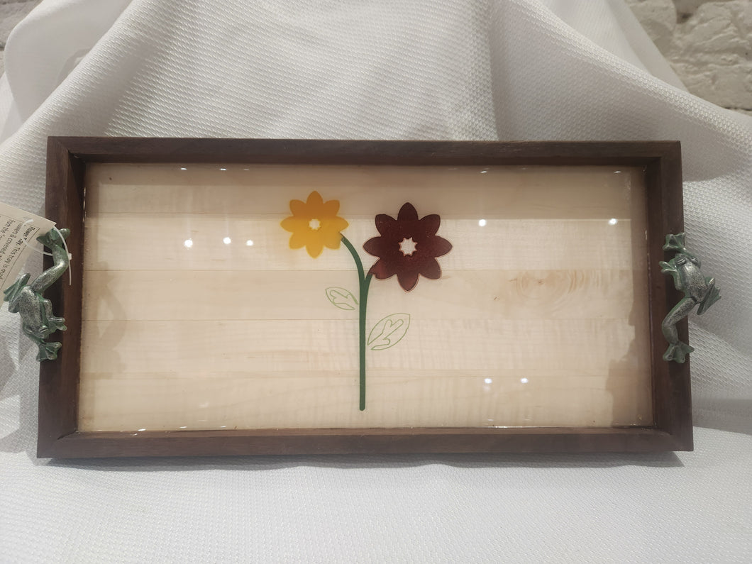 Walnut Tray With Frog Handles-Clear Epoxy Over Flowers