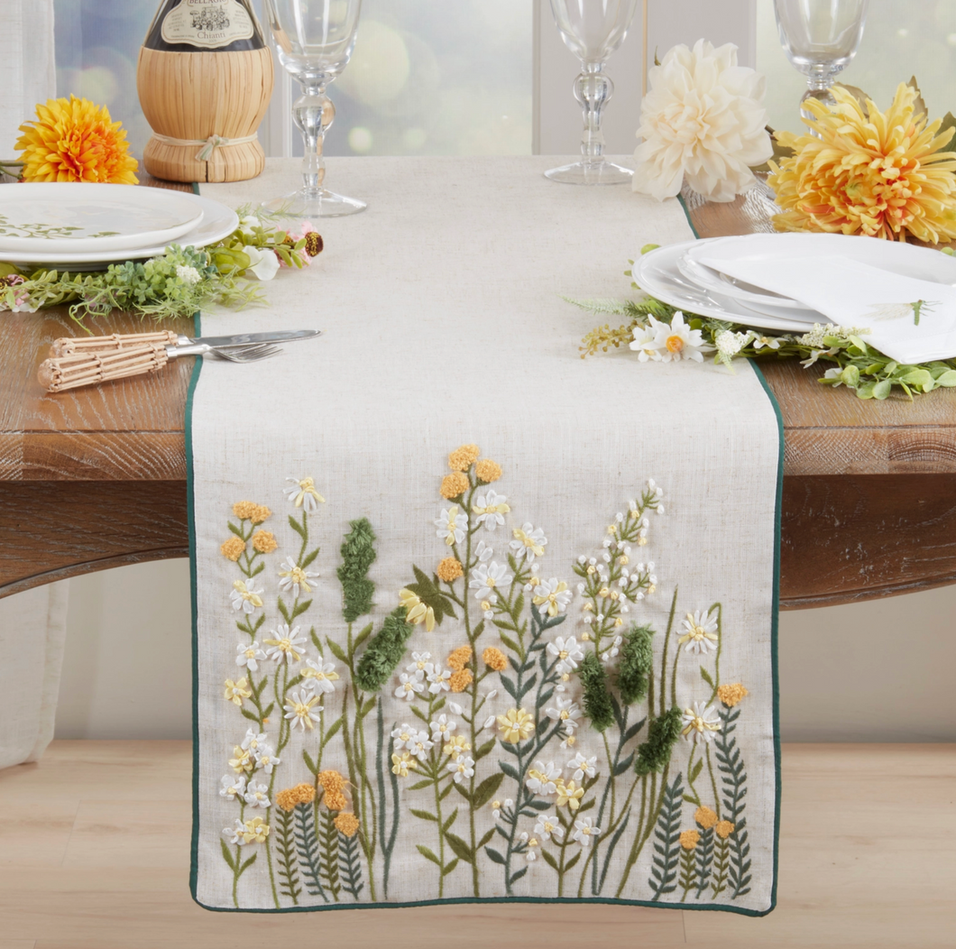 Embroidered Floral Linen Blend Decorative Table Runner