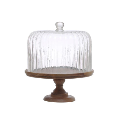 Acacia Wood Pedestal w/ Fluted Glass Dome