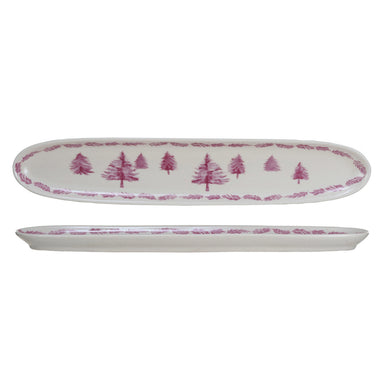 Stoneware Dish w/ Trees, Pink & Cream Color